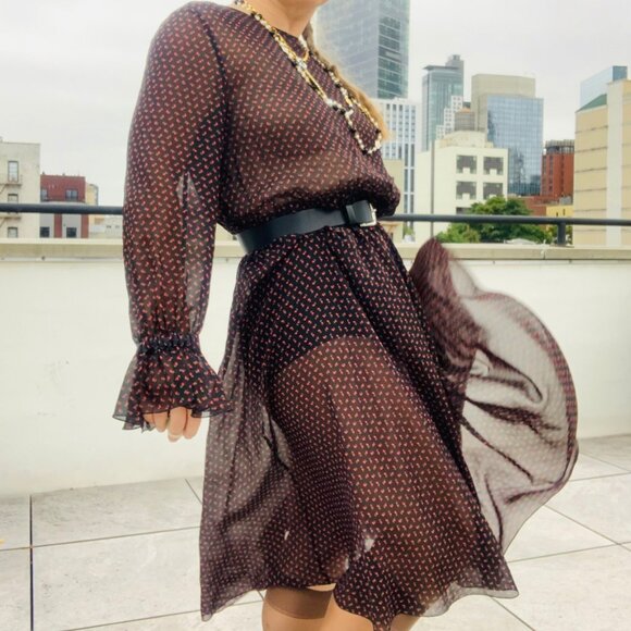 🌸 Philosophy Sheer Midi Dress Micro Floral Print Ditzy Black - Picture 5 of 16